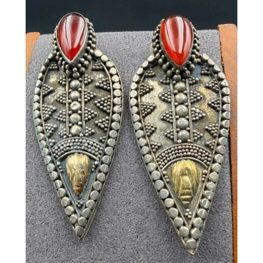 Vintage Sterling Silver Scarab Earrings Egyptian Revival Gold Applied Scarab 2